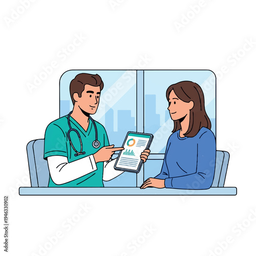 Illustration of a male doctor showing a graph on a tablet to a female patient in a modern clinic with a city view.