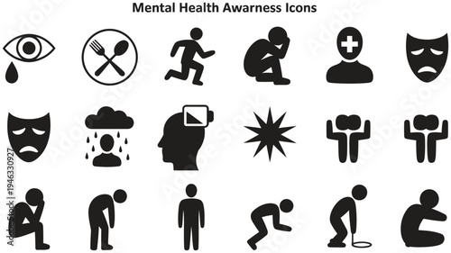 Mental health awareness icons set, depression, anxiety, stress, burnout, emotional disorders, psychological support, black and white silhouette illustration, wellness and counseling concept.