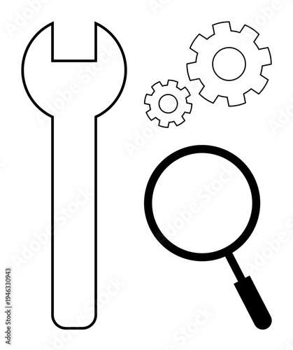 Repair concept. Wrench, magnifying glass, and gears form a repair concept for system maintenance, optimization, and problem-solving. Ideal for technology, engineering, and mechanical