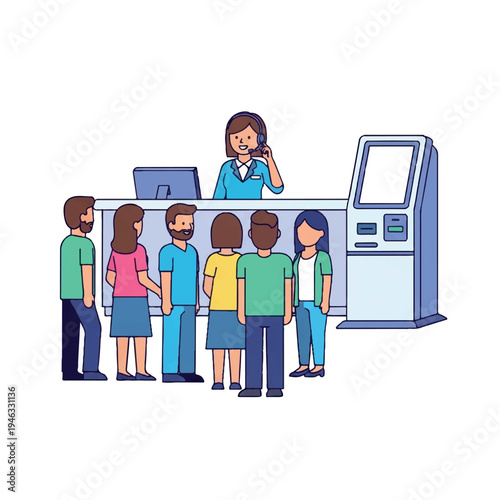 Illustration of a customer service representative talking on the phone behind a counter with a line of people waiting in front of an ATM machine.