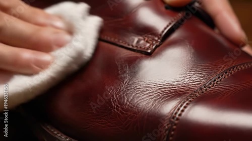 Hands polishing a leather surface with a cloth.