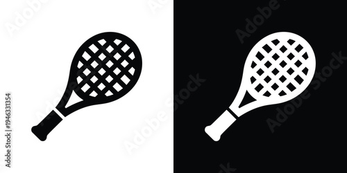 Black and white tennis racket on split background sports