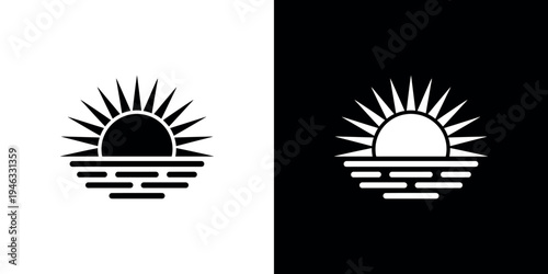 Black and white sun rising over the ocean with rays and water lines