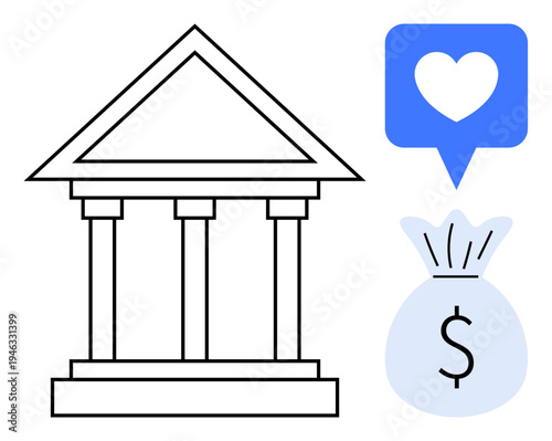 Banking, charity funds, financial services, online donations, economic management, wealth distribution. A bank building, heart symbol and money bag icon. Banking and charity concept