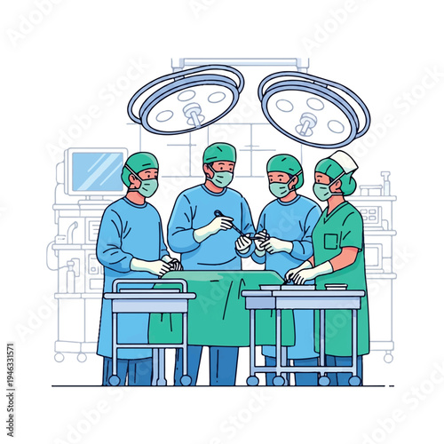 Illustration of a surgical team performing an operation in a hospital setting with medical equipment and lighting.
