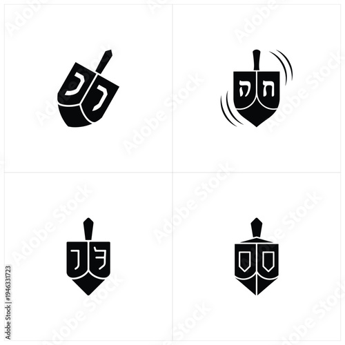 Four black and white dreidel symbols in different styles