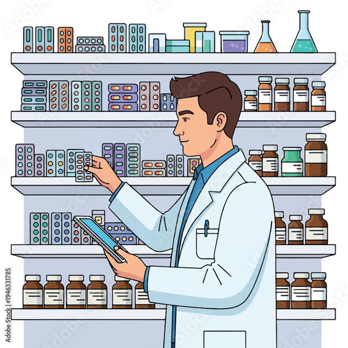 Pharmacist in white coat checking medication on tablet in front of pharmacy shelves with various drugs and bottles.