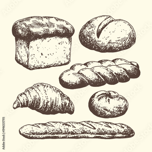 Vintage style hand-drawn vector graphic illustration featuring a delightful assortment of freshly baked bread and pastry items for bakery designs and menus.