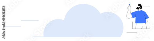 Cloud computing, digital transformation, online collaboration, remote work, technology trends, innovation. Large cloud shape with digital avatar holding a stylus. Cloud computing and digital