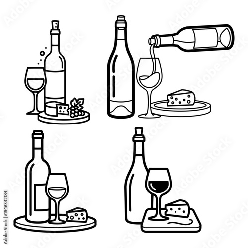 Whiskey Bottle, Glass, and Slice on Plate Line Art Silhouette Pack