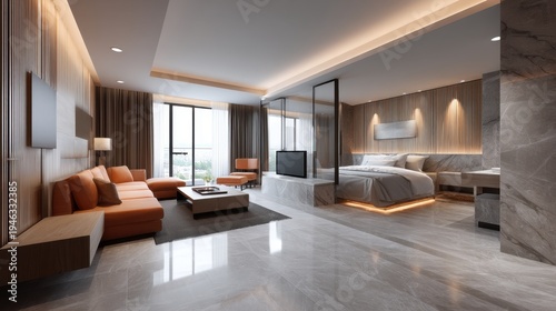 Modern Luxury Hotel Suite with Elegant Design, Spacious Layout, Natural Light, and Contemporary Furniture Elements