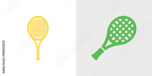 Two tennis rackets in yellow and green colors for sports and recreation activities