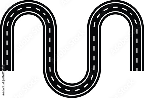 Winding asphalt road vector icon with dashed markings, curved highway path