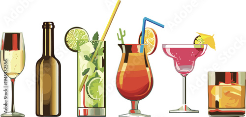 Assorted cocktail drinks, wine bottle and whiskey glass illustration set, colorful alcoholic beverages with fruit garnish for bar menu, restaurant and nightlife design