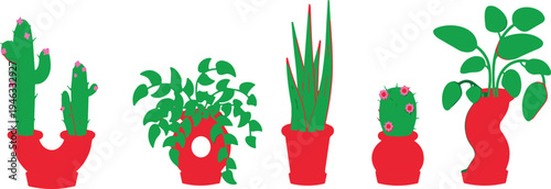 Collection of cactus and indoor houseplants in red decorative pots, flat vector illustration of succulent plants for home gardening, botanical decor and plant care concept