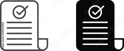 Document with check mark vector icon set, approved paper contract and legal agreement for business compliance management