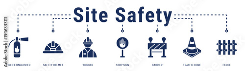 Site Safety banner illustrating essential safety equipment and warning elements to protect workers and maintain secure construction areas