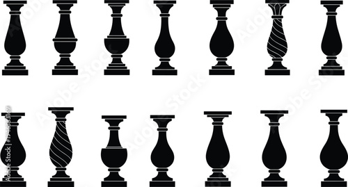 Collection of decorative vase silhouettes in black, classic ceramic pottery shapes set, vintage urn design elements isolated for home decor and graphic design