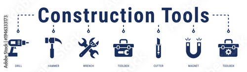 Construction Tools banner highlighting essential hand and power tools used for building, repair, and maintenance tasks