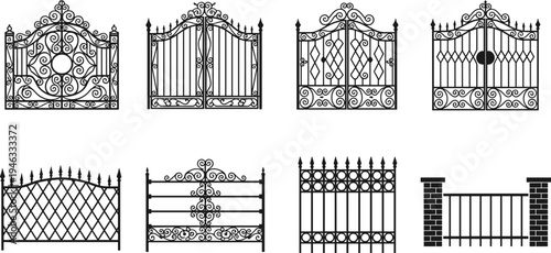 Collection of eight black and white wrought iron gate and fence designs featuring ornamental scrollwork, geometric patterns, pointed finials, lattice styles, and brick pillars