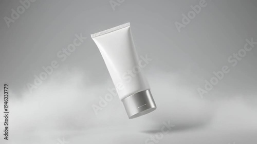 Listing a bright white cream tube floating above soft clouds in a clean studio scene