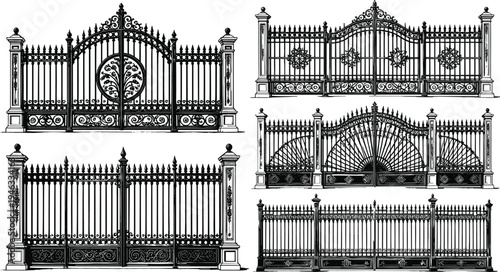 Collection of five ornate wrought iron gate designs featuring floral motifs, geometric shapes, elaborate scrollwork, symmetrical patterns, and decorative columns for architectural entrance styles