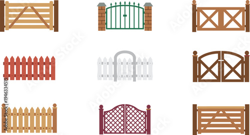Collection of nine diverse fence and gate designs featuring wooden picket, lattice, brick pillars, metal bars, ornate cross-bracing, curved tops, and architectural inspiration