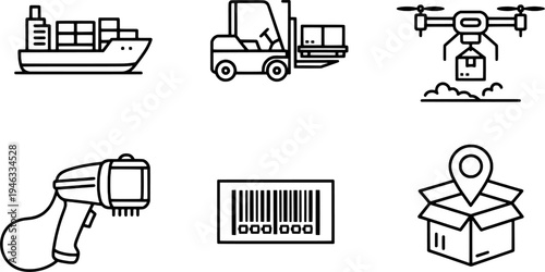 Minimalist global logistics and shipping icon set, "Created with AI assistance and manually refined."