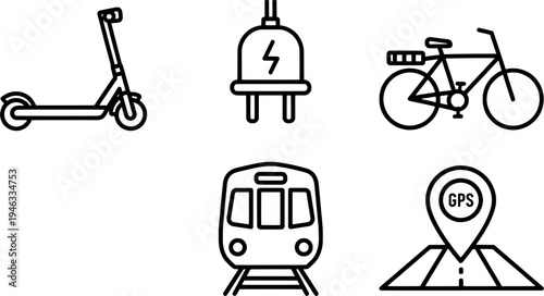 Clean outline green transport and city commute symbols collection, "Created with AI assistance and manually refined."
