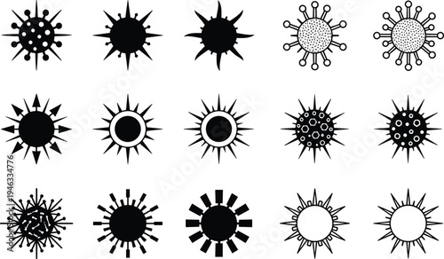 Collection of sixteen stylized virus and microorganism icons in black silhouette, featuring diverse circular cores, spikes, rays, and surface details for scientific illustration artwork