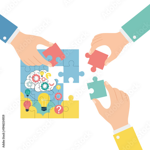 Teamwork solving puzzle, brain, ideas, strategy, collaboration, business concept