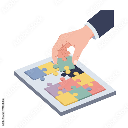 Businessman's hand placing last puzzle piece, completing a colorful jigsaw on white background