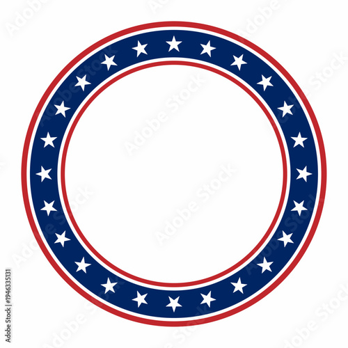 Patriotic round badge frame with stars in red white blue colors. Circle emblem border with copy space center. Perfect for election, independence day, labels, posters, and patriotic designs.