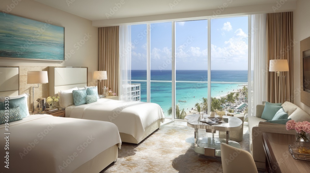 Fototapeta premium Ocean View Hotel Room with Two Beds and Modern Decor Overlooking Tropical Paradise