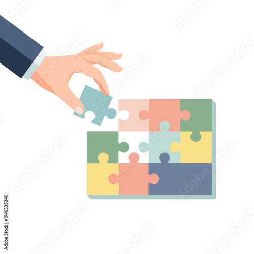 Hand placing last puzzle piece into place, completing a colorful jigsaw on white background