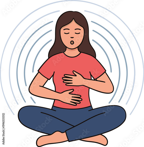 Woman sitting cross-legged practicing deep breathing exercises indoors calmly