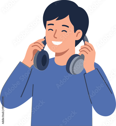 A man wearing headphones and smiling while listening to music