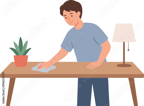 Man cleaning a wooden table with a cloth indoors at home