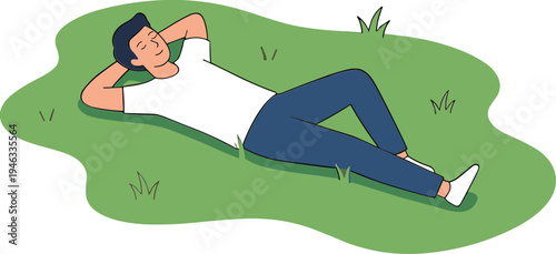 Man relaxing on green grass in park with casual clothes