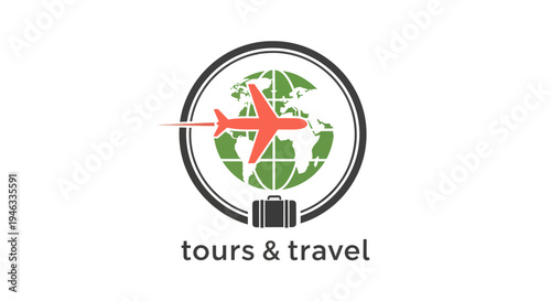 Airplane flying around the globe with a suitcase below.