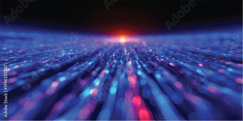 A vibrant digital backdrop of a crowd dancing in a disco nightclub and walking through a bright city night, featuring a glowing motion pattern of purple and blue electronic light art