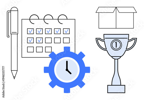 Task management. Gear clock, calendar with checkboxes, and pen conveying task management and productivity. Box and trophy highlighting organization and achievement success. Ideal for project