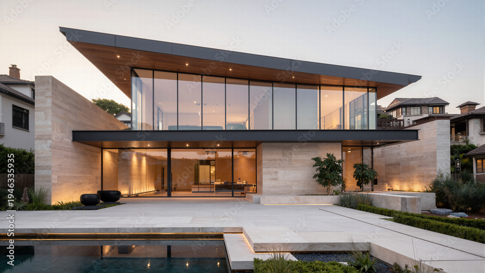 Fototapeta premium Beautiful contemporary flat-roof residential house exterior capturing the golden hour sunlight, perfect for showcasing high-end luxury architectural real estate.