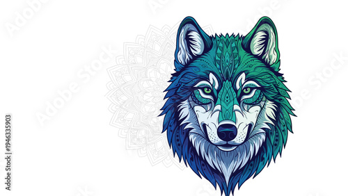 Artistic wolf head portrait featuring intricate geometric patterns and vibrant teal colors against a faint white mandala background illustration.