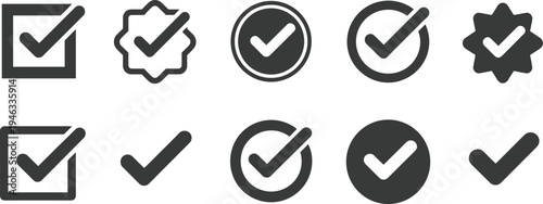 Check mark and tick vector icon set, success validation symbols in circles and squares for business checklists