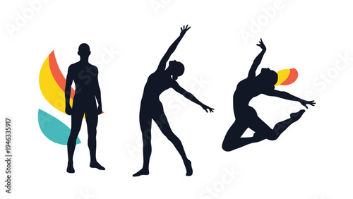 Dynamic movement and sports silhouettes featuring multiple figures in athletic and dance poses with colorful abstract artistic design accents.