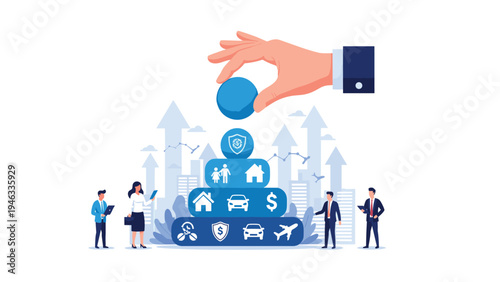 Personal financial planning and insurance protection hierarchy illustrated with giant hand placing top blue sphere over various lifestyle icons.