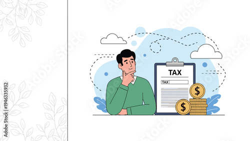 Tax payment and financial planning concept showing man thinking beside clipboard with tax label and stacks of gold coins on blue background.