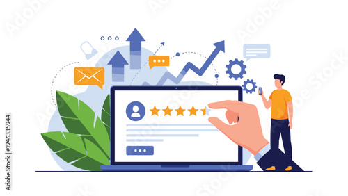 Customer feedback and online reputation management shown with professional hand adding a five star rating review on laptop screen with man.