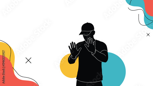 Refusal and warning concept shown with dark silhouette of man in a baseball cap holding both hands up in a firm stop gesture on colorful background.